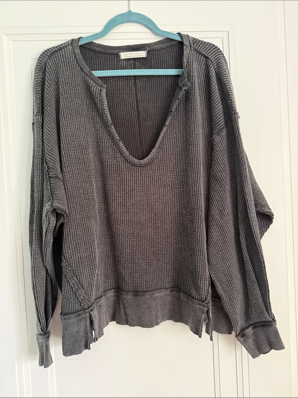 We The Free Washed Charcoal V-Neck Waffle Pullover